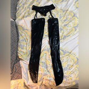 Black Over-the-Knee Boots Stockings Vinyl with Panty and Garter Brand New No Tag